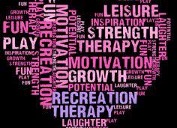 Heart formed by words related to Recreation Therapy: Leisure, Strength, Motivation, Growth, Potential, Laughter, Fun, Play